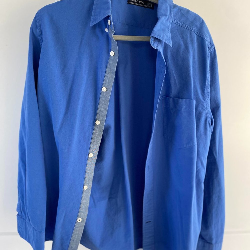 Nautica Mens Colorblock Shirt Solid Blue White Buttons Size Large USA Pre Owned